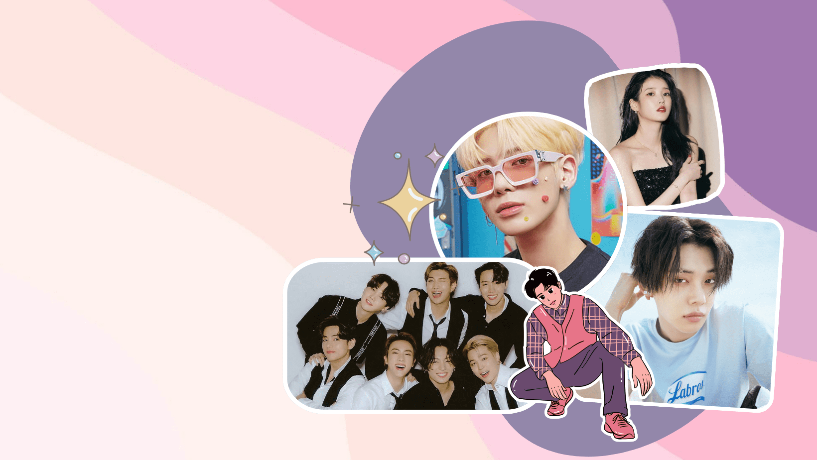 a funky design about k-pop designed in a pink aesthetic background with different type of korean pop idol's pictures.