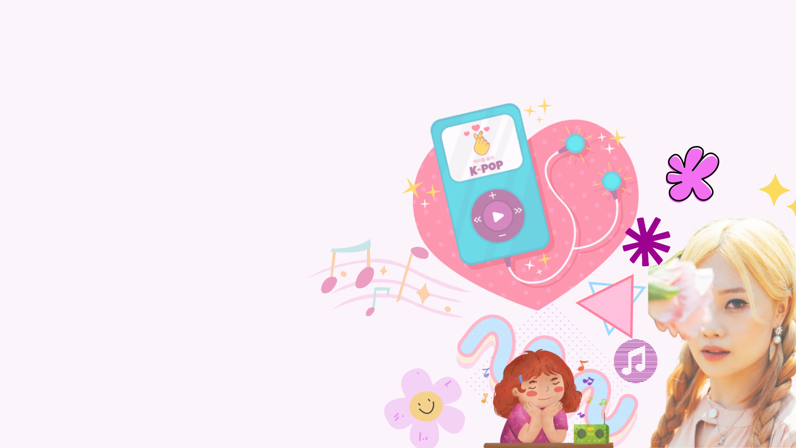 a funky design about kpop. designed in a pink funcky background with flowers, music icon and korean pop idol's picture.